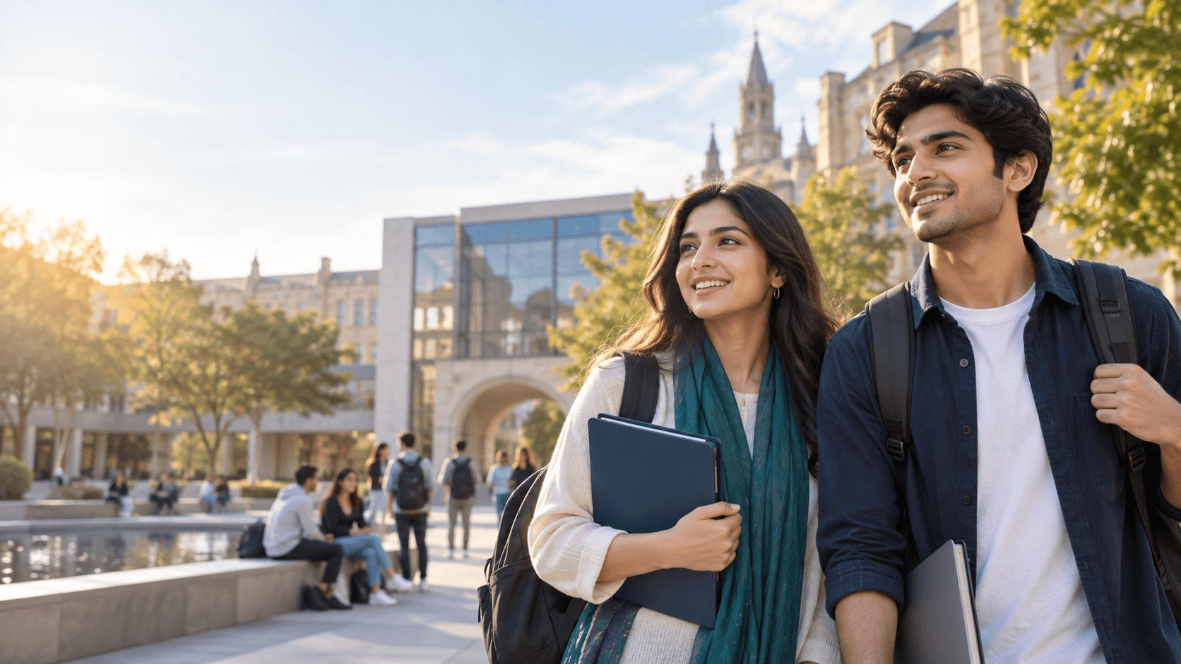 Students arriving at an international university campus